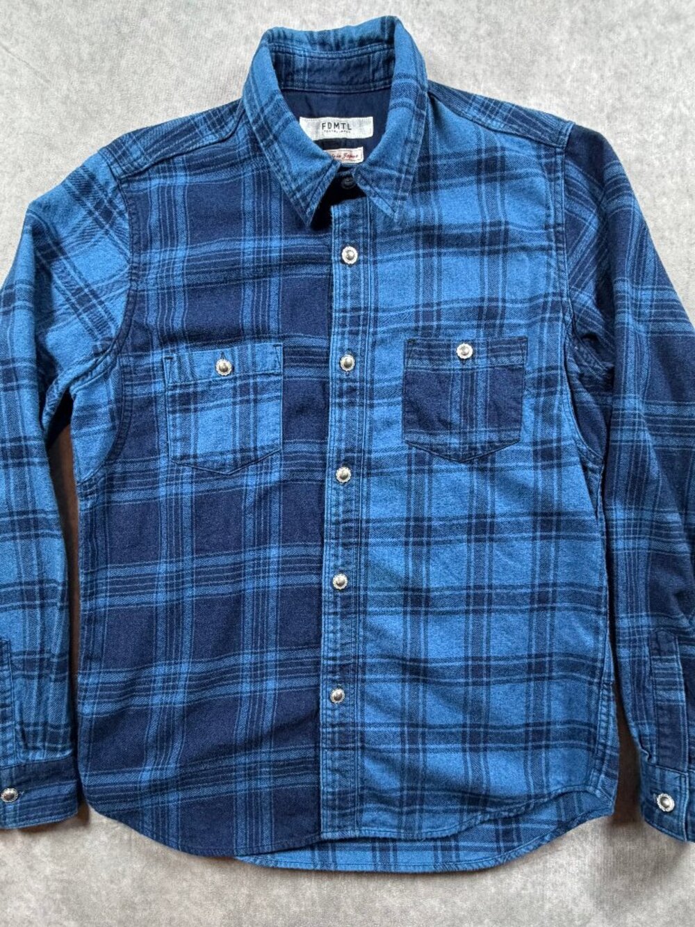 FDMTL Men's Flannel Shirt 100% Cotton Blue Plaid Long Sleeve Size 3 Japan
